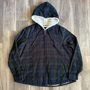LL Bean Sherpa Lined Plaid Flannel Jacket Hoodie Women's Size 1X Relaxed